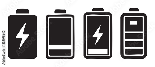 Four black battery icons displaying various charge levels and charging status, providing clear visual indicators for electronic devices and digital applications.