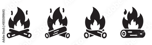 Campfire icons are depicted with burning logs and flames in a simple graphic style, ideal for outdoor adventures, camping, and wilderness themes.