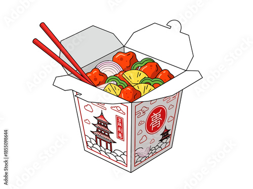 Asian Takeout Box Filled with Sweet and Sour Chicken and Pineapple Ready for Enjoyment