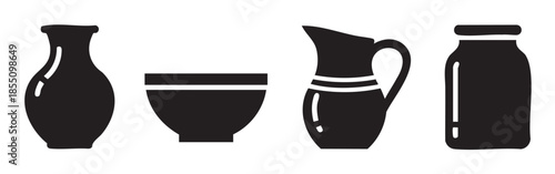Various ceramic pottery vessels and containers are displayed as simple black silhouette icons, representing traditional kitchenware and decorative items.