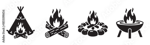 Campfire icons set featuring various outdoor fire arrangements including a teepee, logs, stones, and a grill, perfect for camping and adventure designs.
