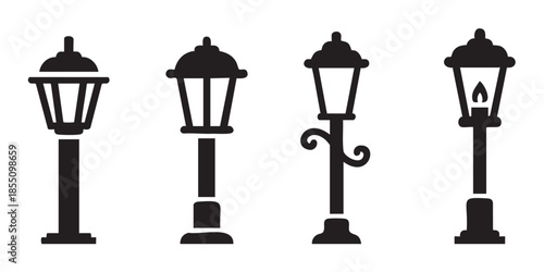 Four classic street lamp post silhouettes standing tall, representing various vintage outdoor lighting designs for urban and garden aesthetics.