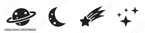 Celestial bodies space icons set with planet moon star and comet in a simple black and white graphic illustration representing astronomy.