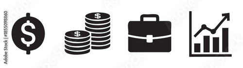 Money, business, finance, and growth icons are displayed in a simple, clean, and modern black and white vector illustration representing economic concepts.
