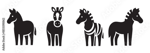 Stylized equine animals icon set featuring horses and zebras in various poses, depicted with a minimalist black and white graphic design.