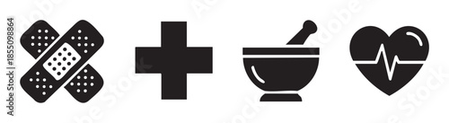 Four distinct medical health pharmacy first aid icons are presented together, symbolizing essential care, wellness, and emergency services.