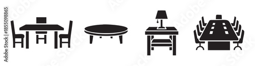 Furniture icons representing various tables and chairs for dining rooms, living spaces, offices, and bedrooms, depicted in a clean, modern black silhouette style.