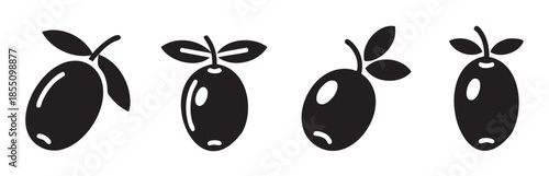 Four black olive fruit illustrations with leaves showcasing a simple, modern graphic design for food, health, and Mediterranean cuisine concepts.