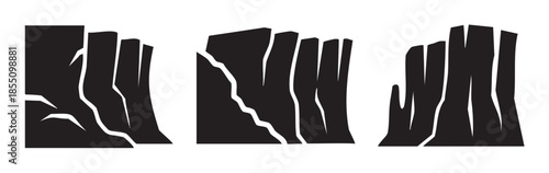 Three distinct rock formations with jagged edges and abstract cracks are depicted in a bold, graphic black and white vector illustration.