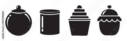 Four different food containers vector illustration set featuring various stylized jars and pots, perfect for packaging design, kitchen decor, or graphic elements.