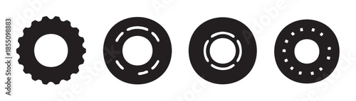 Four black circular mechanical icons representing various industrial components and automotive parts in a clean, minimalist vector style.