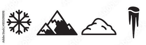 Winter cold weather icons and symbols representing various elements like snowflakes, mountains, snowdrifts, and icicles, perfect for seasonal design projects.