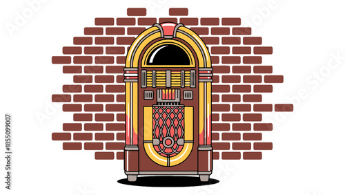 A vintage jukebox stands against a brick wall.