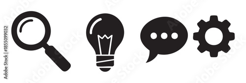 Magnifying glass, light bulb, speech bubble, gear icons illustrate key business concepts like discovery, innovation, discussion, and development strategies.