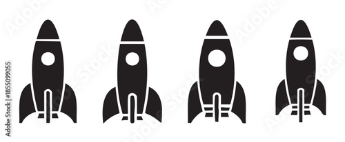 Four black rocket icons representing innovation and progress, symbolizing startup success, space exploration, and technological advancement in a modern graphic design.