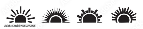 Four stylized sun sunrise sunset radiant icons collection representing various abstract designs of solar energy and warmth, perfect for graphic design elements.