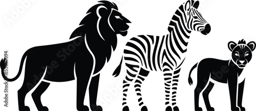 Minimal black and white African wildlife silhouette illustration with lion, zebra and cub, safari animals vector design collection