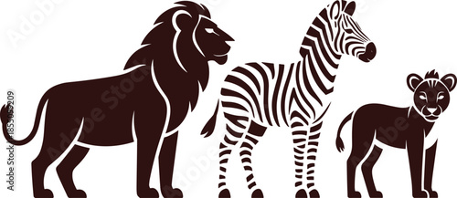 Minimal black and white African wildlife silhouette illustration with lion, zebra and cub, safari animals vector design collection