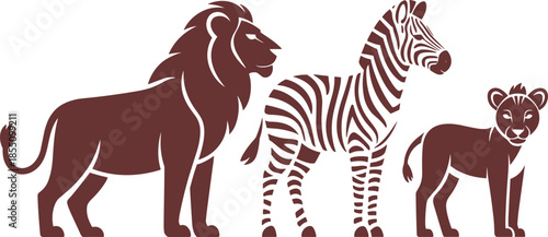 Minimal black and white African wildlife silhouette illustration with lion, zebra and cub, safari animals vector design collection