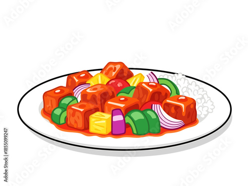 Delicious Sweet and Sour Pork Meal with Rice on a Plate