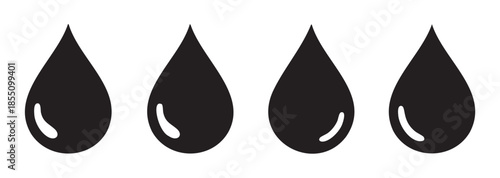 Four black liquid drops with subtle highlights are arranged horizontally, creating a clean and versatile graphic element for various design concepts.