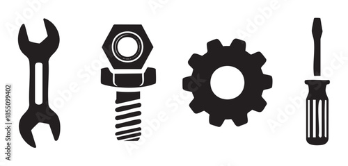 Wrench bolt gear screwdriver tools and mechanical parts are essential elements for repair, maintenance, and construction, representing industry and engineering concepts.