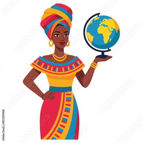 African woman holding a globe symbolizing global influence empowerment and cultural identity in flat vector style