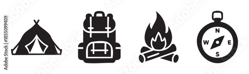 Camping and outdoor adventure icons set featuring essential equipment like a tent, backpack, campfire, and compass, perfect for illustrating wilderness exploration.