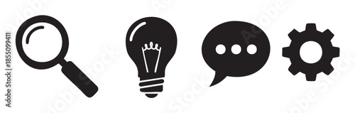 Four black silhouette icons representing essential business concepts and processes are neatly arranged in a modern, minimalist style.