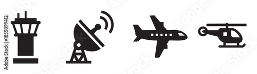 Aviation and communication icons including an air traffic control tower, radar, airplane, and helicopter are displayed in a simple black silhouette style.
