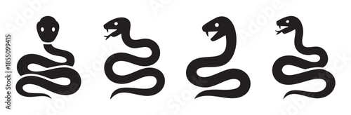 Four black snake silhouette icons set vector illustration featuring different serpent poses and expressions, perfect for graphic design elements.