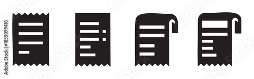 Four different stylized black receipt icons representing financial transactions and payment records are displayed in a clean, modern vector illustration for business and personal finance concepts.