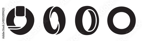 Abstract circular power button icons and stylized ring shapes are presented in a minimalist black and white graphic design for various digital interfaces.