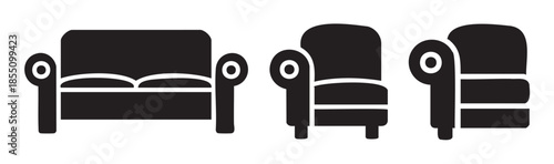Furniture sofa armchair living room comfort icons set in black and white for home interior design elements and graphic user interface applications.