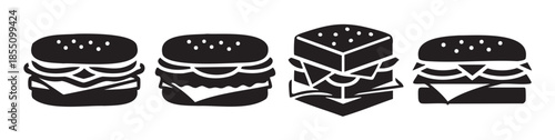 Various delicious fast food sandwiches and burgers presented as minimalist black and white icons for menu design and culinary concepts.