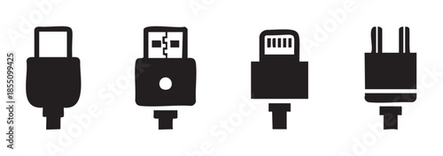 Different types of electrical connectors and charging plugs are shown as simple black icons, representing various power and data connections.