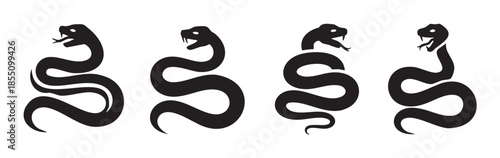 Four black snake silhouettes with flicking tongues are depicted in various coiled and striking poses, creating a collection of graphic vector icons.
