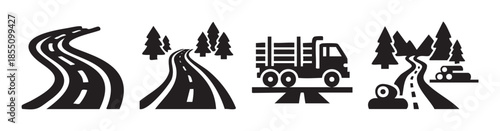Roads, trees, and logging truck icons illustrate various aspects of transportation, nature, and the timber industry in a simple black and white style.