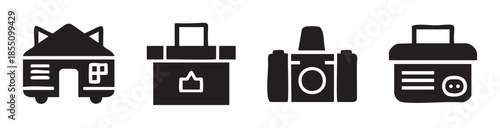 Four black and white vector icons representing a house, a shopping bag, a camera, and a container for various design projects and digital interfaces.
