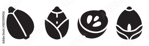 Four stylized peanut icons representing various forms of the legume, perfect for food packaging, healthy snack promotions, or agricultural design projects.