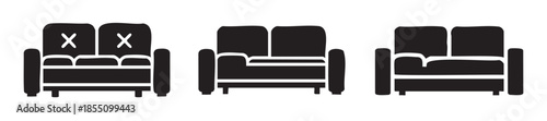 Three black silhouette sofas and couches depicting social distancing and available seating arrangements as modern graphic icons for public spaces and interiors.