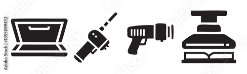 Technology devices and office equipment icons collection representing modern digital tools, machinery, and essential gadgets for various tasks and industries.