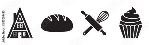 Baking icons set featuring a house, bread, rolling pin, and whisk, alongside a delicious cupcake, representing homemade treats and confectionery.
