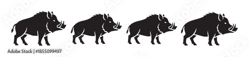 Four wild boars depicted in a graphic black silhouette style, showcasing their powerful and rugged form as a symbol of strength and wilderness.