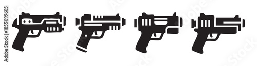 Four stylized black pistol handgun weapon icons are arranged horizontally, representing various firearm designs in a simple, graphic illustration.
