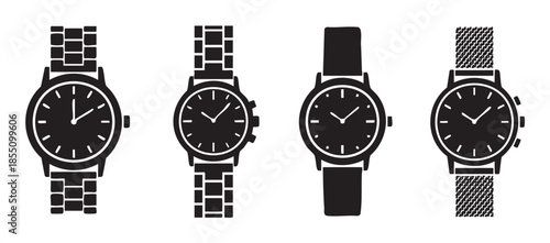 Four different wristwatches icon set featuring various styles and designs, including classic metal link, chronograph, leather strap, and mesh band timepieces.