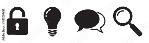 Padlock, lightbulb, speech bubbles, and magnifying glass icons representing essential concepts of security, innovation, communication, and search in a clean, modern black silhouette design.