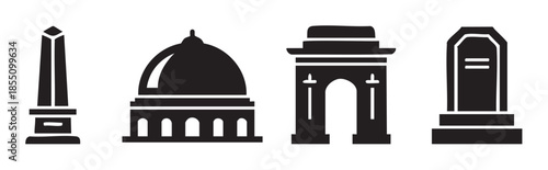 Monuments and landmarks icons set featuring various historical structures like an obelisk, a domed building, a triumphal arch, and a tombstone in a minimalist black silhouette style.