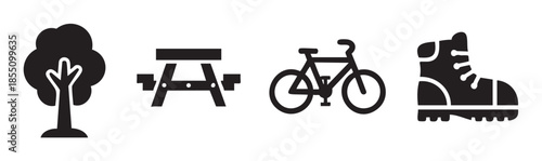 Tree picnic table bicycle hiking boot icons represent outdoor recreation and park activities, symbolizing adventure, nature, and leisure pursuits.