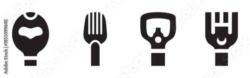 Kitchen utensils and cooking tools icons are displayed in a simple black and white graphic style, representing various essential implements for food preparation.